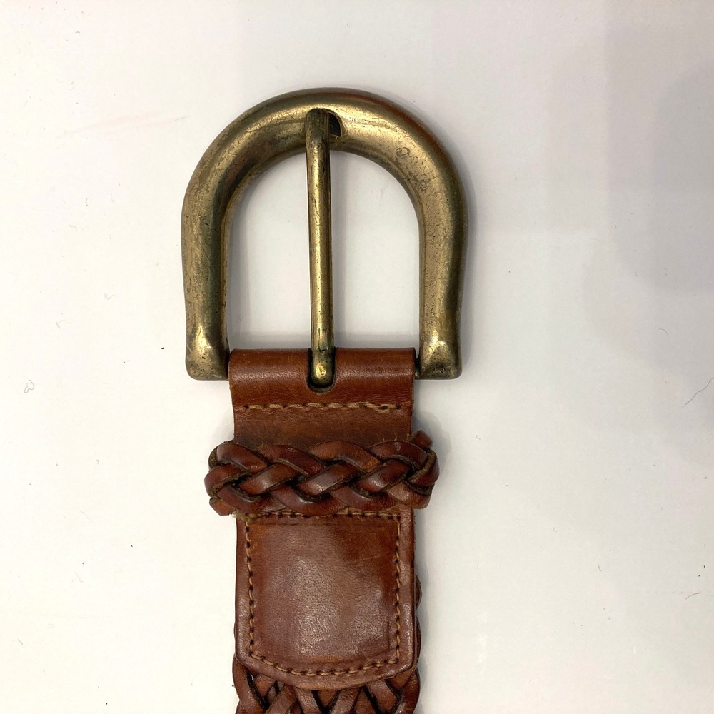 Vtg Lands End Brown Braided Woven Leather Belt Solid Brass Buckle - Picture 3 of 7
